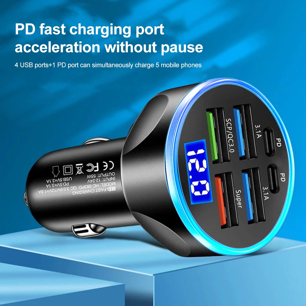 66-250W PD Car Charger QC3.0 Fast Charge One to Six Car Cigarette