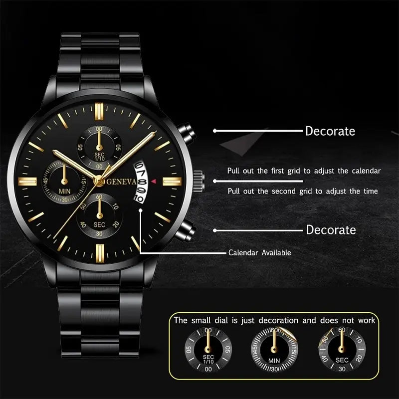 Fashion Men Black Stainless Steel Watch Luxury Calendar Quartz Watch