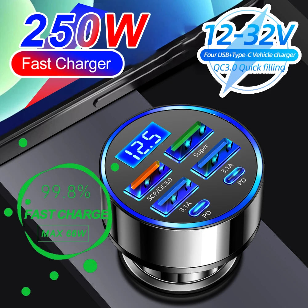 66-250W PD Car Charger QC3.0 Fast Charge One to Six Car Cigarette