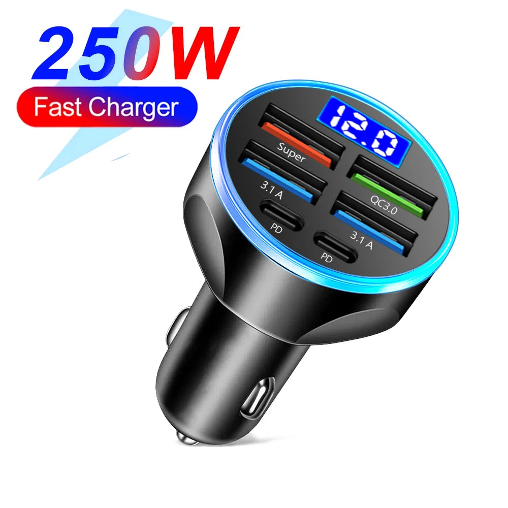 66-250W PD Car Charger QC3.0 Fast Charge One to Six Car Cigarette