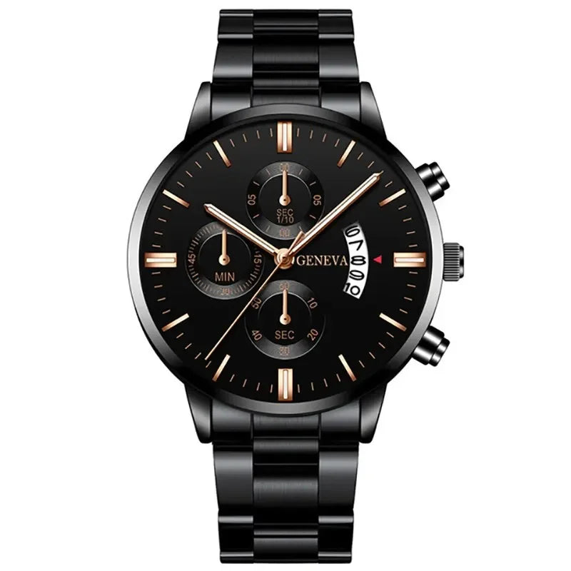 Fashion Men Black Stainless Steel Watch Luxury Calendar Quartz Watch