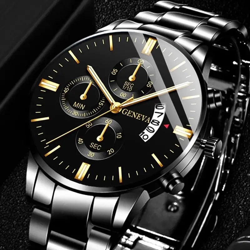 Fashion Men Black Stainless Steel Watch Luxury Calendar Quartz Watch