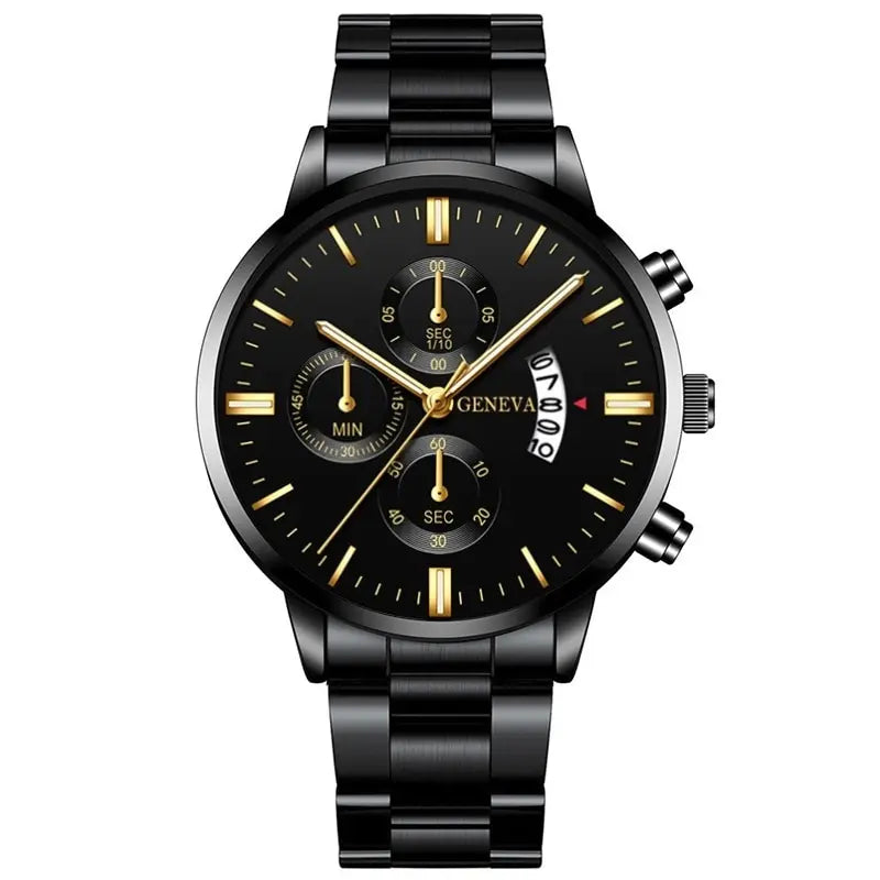 Fashion Men Black Stainless Steel Watch Luxury Calendar Quartz Watch