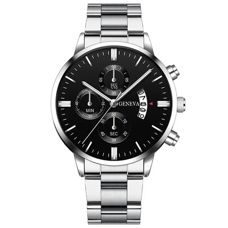 Fashion Men Black Stainless Steel Watch Luxury Calendar Quartz Watch