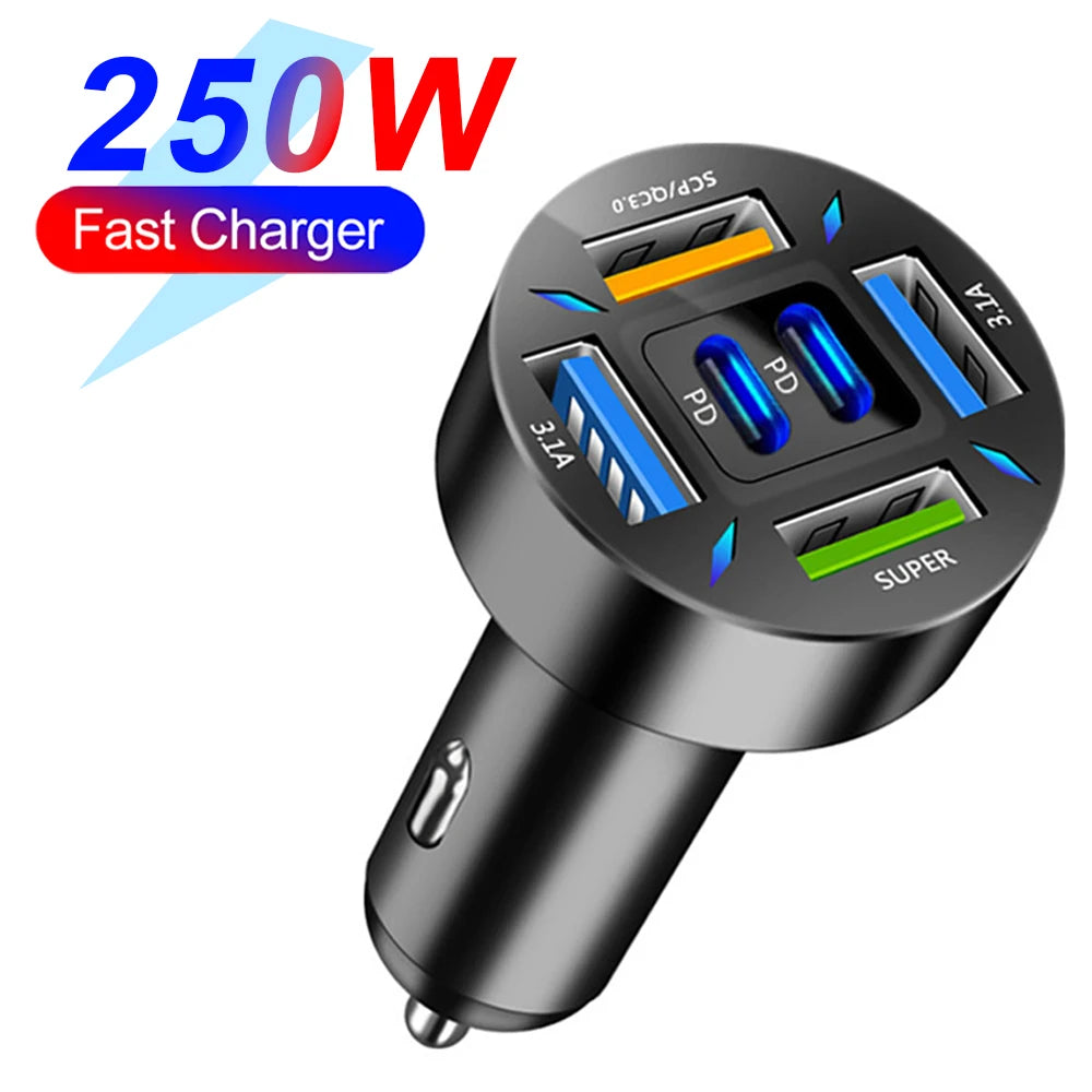 66-250W PD Car Charger QC3.0 Fast Charge One to Six Car Cigarette