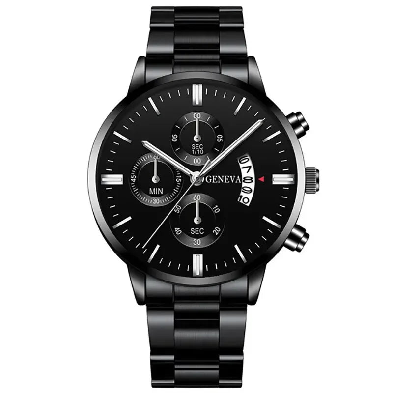 Fashion Men Black Stainless Steel Watch Luxury Calendar Quartz Watch