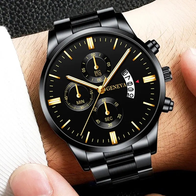 Fashion Men Black Stainless Steel Watch Luxury Calendar Quartz Watch