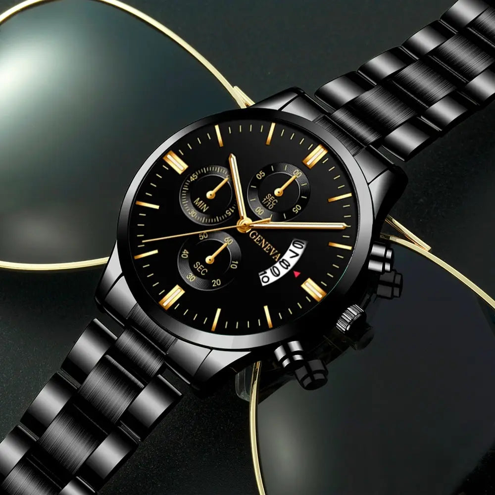 Fashion Men Black Stainless Steel Watch Luxury Calendar Quartz Watch