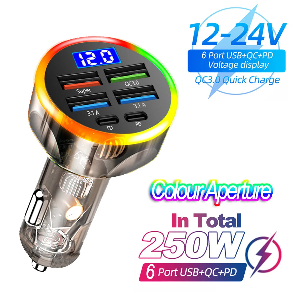 66-250W PD Car Charger QC3.0 Fast Charge One to Six Car Cigarette